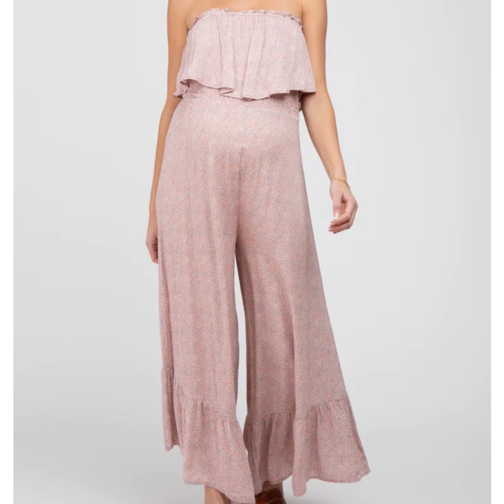PINK BLUSH Mauve Floral Strapless Ruffle Hem Maternity Jumpsuit LARGE